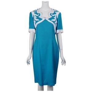 PIA RUCCI Vintage 80s Women Dress 10 Blue Linen Blend Short Sleeve Shift Sheath